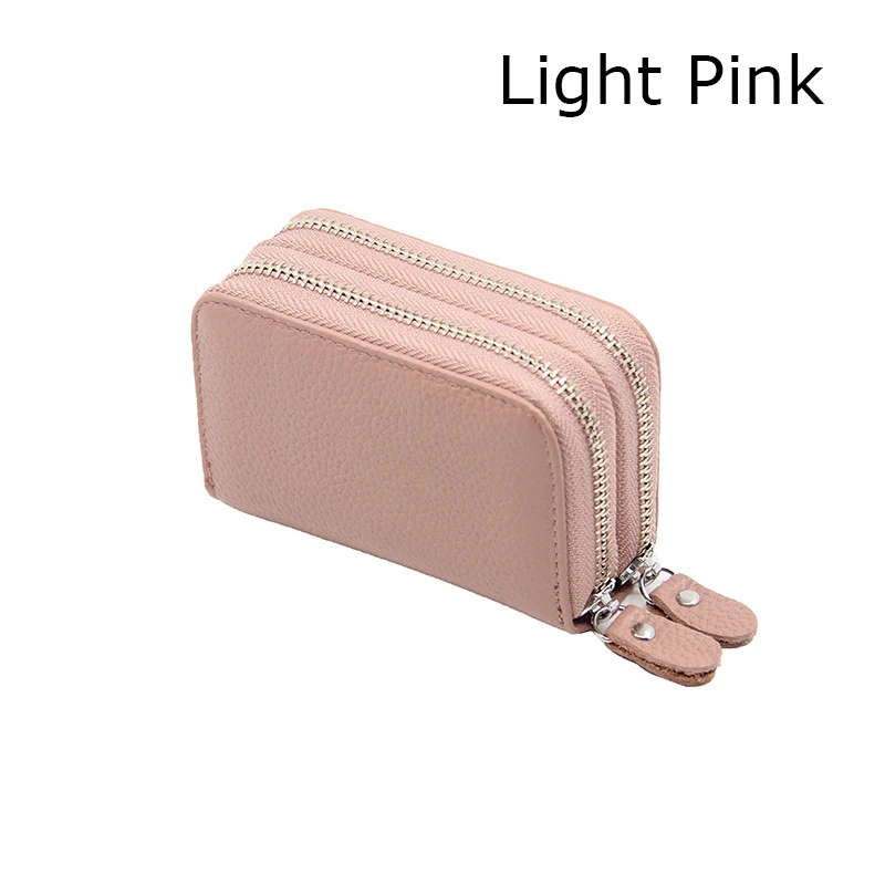 BONAMIE, натуральная кожа, кредитный держатель для карт, кошелек для монет, двойная молния, кошелек для карт, женский бизнес-держатель для карт, RFID, серый, розовый - Цвет: Light Pink