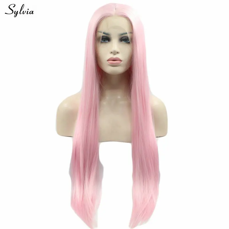 Sylvia натуральный волос высокое температура волокно средняя часть длинные шелковистые прямые розовый синтетический синтетические волосы на