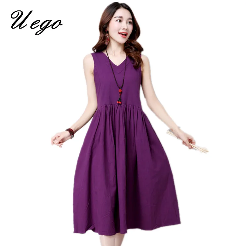 

Uego 2019 New Arrival Sleeveless Summer Dress Cotton Linen Plus Size Loose Beach Casual Dress V-neck Women Casual Long Dress