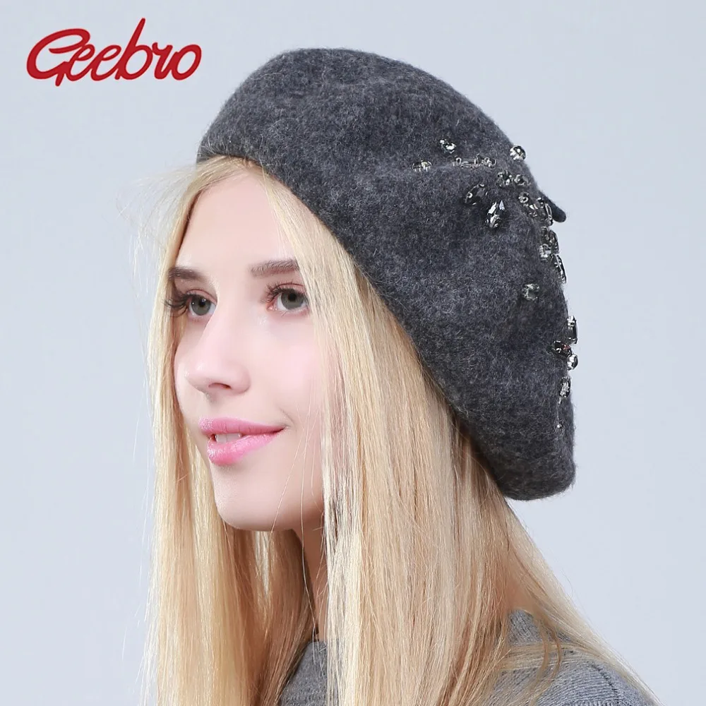 

Geebro Women's Cashmere Beret Hat New Winter Floral Rhinestone Knitted French Artist Cap Femme Plain Black Wool