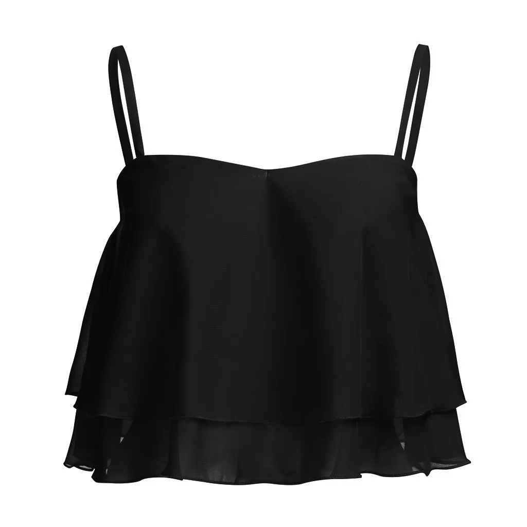 Blusas mujer de moda, женская блузка, рубашка, Женская Сексуальная плиссированная двухслойная шифоновая блузка без рукавов с оборками, туника - Цвет: Black