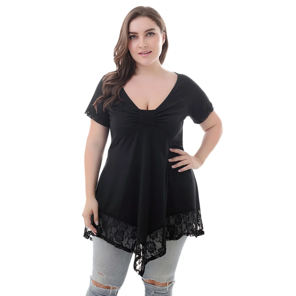 2018 Newest Plus Size Blouse Plunge Neck Short Sleeve