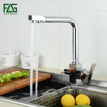 FLG Square Filter Faucets Kitchen 3 Way Water Tap Dual Lever Kitchen Taps Chrome Musluk Deck Mounted Water Purifier Faucet