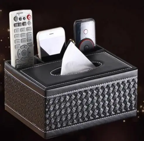 Черный Роскошные Tissue Box из ПУ кожи универсальный салфетка телефон дистанционное управление держатель деревянный коробка для хранения Настольный ящик-органайзер контейнер - Цвет: Черный