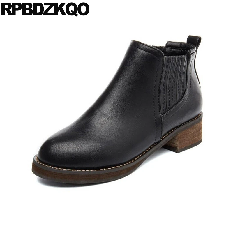 

Big Size Boots Women Ankle Medium Heel Platform Black Slip On 2017 Fall Chunky Booties Cheap Short Round Toe New Chinese Female