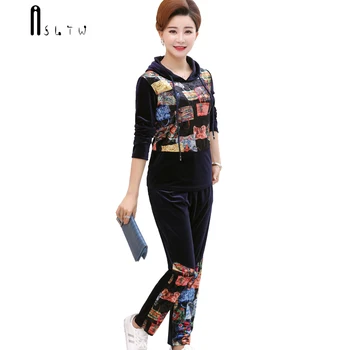 

ASLTW Fashion Velvet Set New 2018 Casual Autumn Women's Long Sleeve Print Hooded Top + Long Pant Women Set