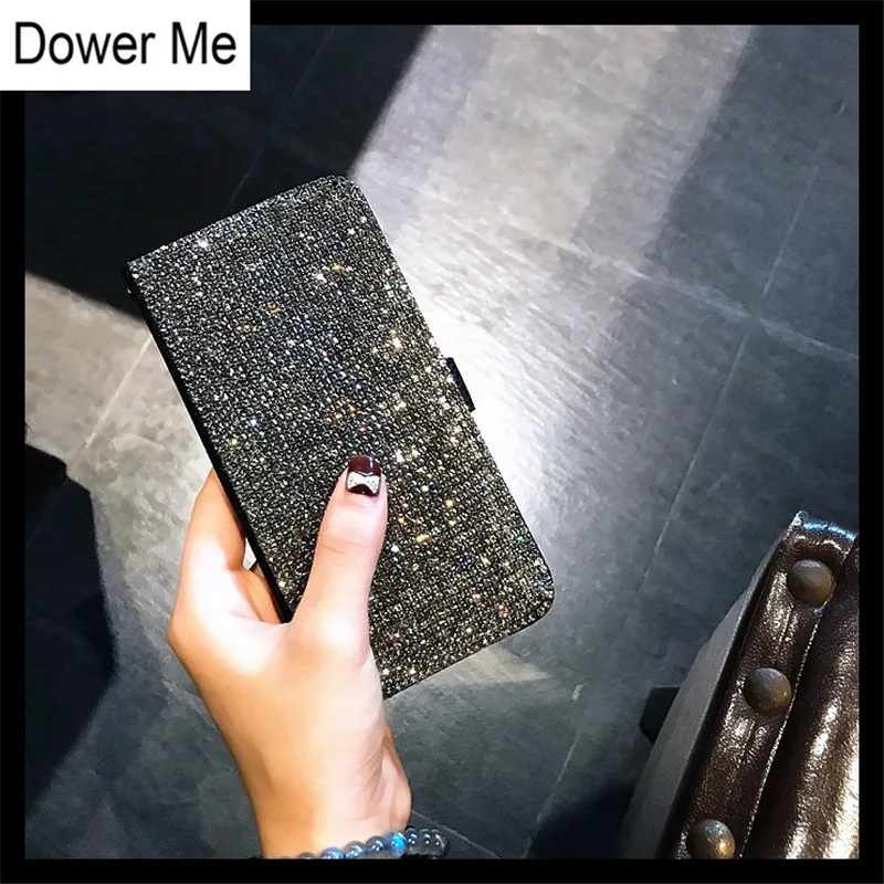 

Dower Me Luxury Fashion Handmade Full Bling Black Diamond Card Slot Holder Flip Wallet Leather Case Cover For iPhone 11 Pro Max XS Max XR X 8 7 6 6S Plus 5 SE SE