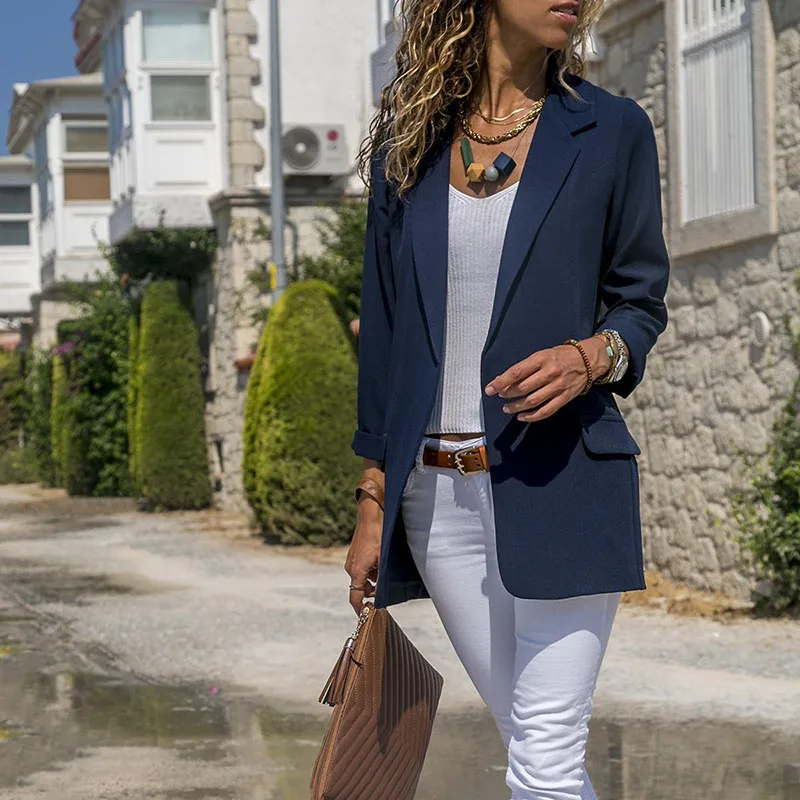 Casual Long open front ladies jackets and blazers Autumn Office laday basic long sleeve elegant business womens blazer coat 2019