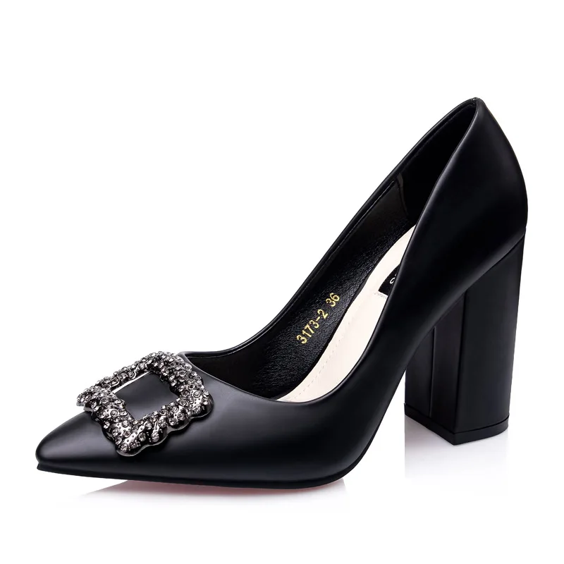 

Free shipping 2018 thick with a single shoes female work shoes shallow mouth buckle diamonds women's shoes pointed OL high heels