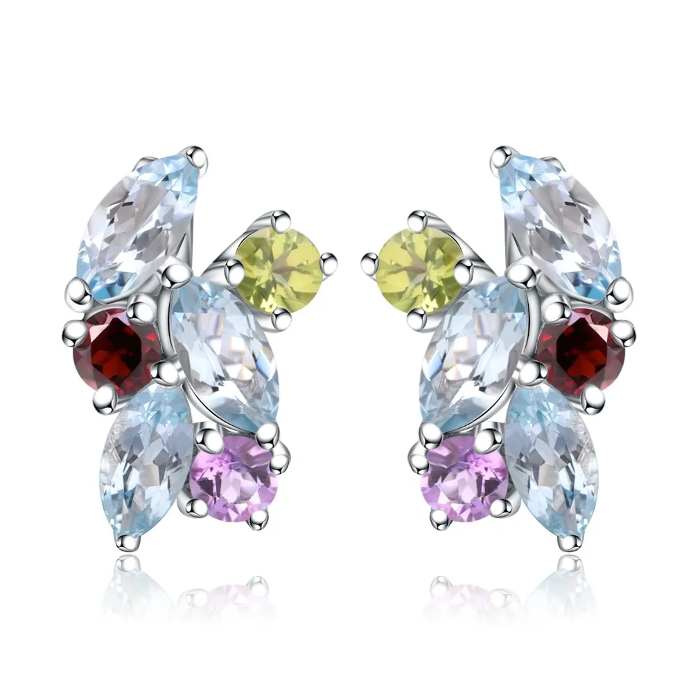 Gem's Ballet 925 Sterling Silver Jewelry Multicolor Natural Sky Blue Topaz Garnet Peridot Amethyst Stud Earrings For Women