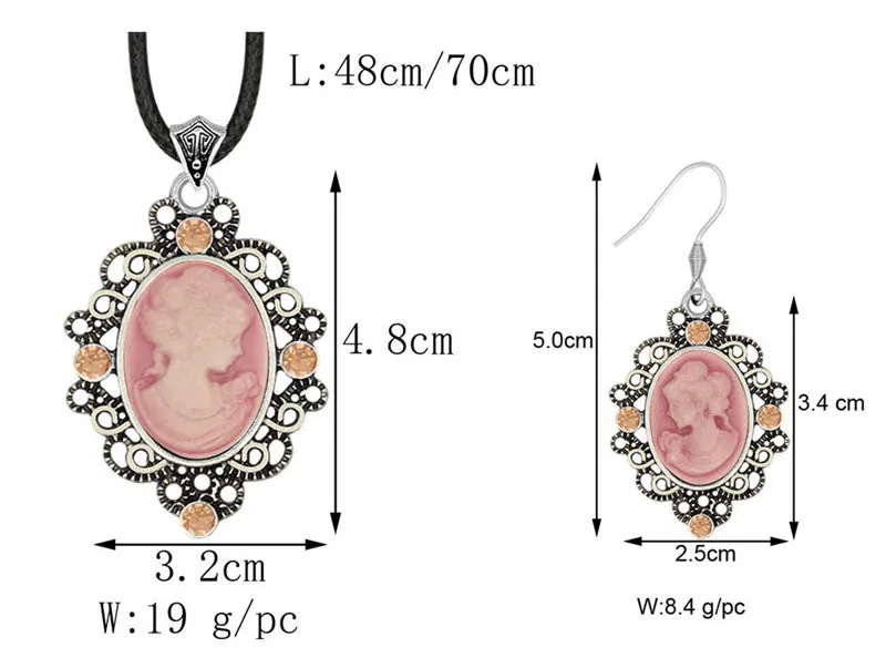 Oval Lady Queen Cameo Crystal Jewelry Set Antique Silver Plated Necklace Earrings Bracelet Fashion Jewelry TS463