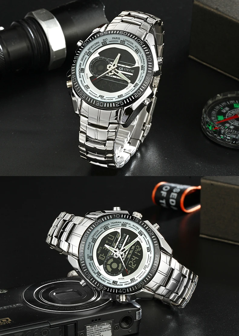 Relogio Masculino STRYVE Топ бренд спортивные мужские часы светодиодный наручные часы в стиле милитари Роскошные полностью из нержавеющей стали цифровые Кварцевые водонепроницаемые