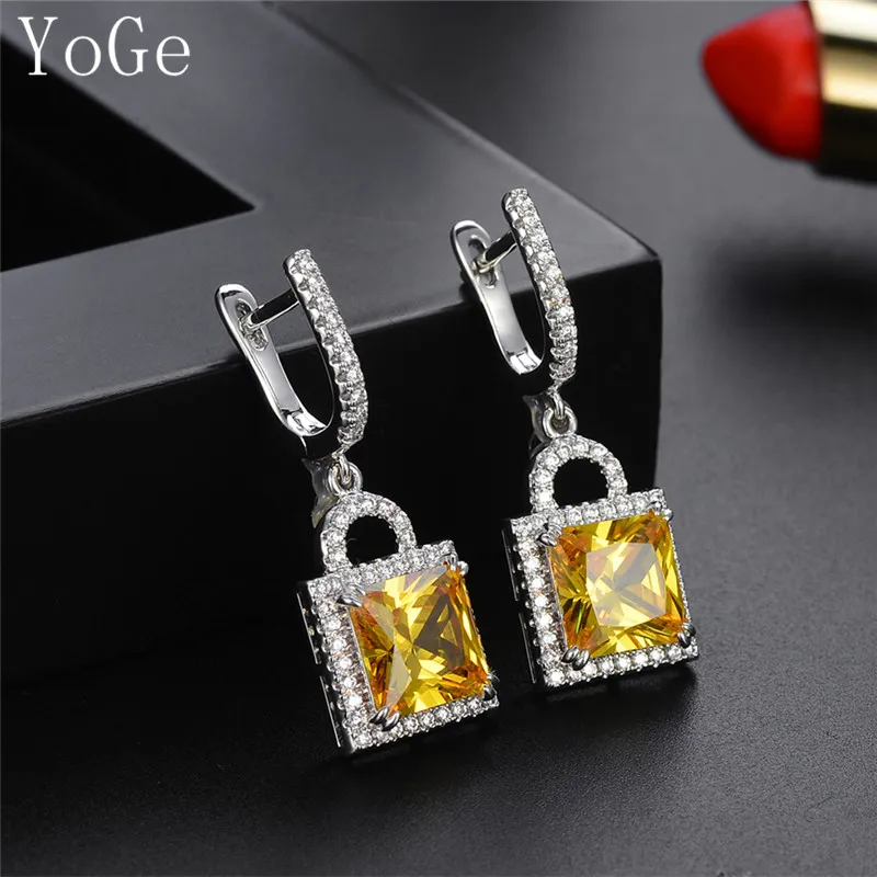

YoGe statement jewellery, E0809 Luxury handmade AAA CZ golden stone square shaped drop earrings womens daily jwelry