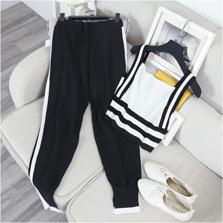 

JSXDHK New 2019 Summer Knit Pant Sets Sexy Striped Camisole Knitted Straps Tops + Elastic Waist Pencil Pant 2PCS Woman Suits