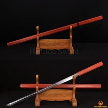41″Clay Tempered Full Tang Japanese Samurai Hard Red Wood Sword NINJA 1095 High Carbon Steel Blade Sharp Straight Blade Custom