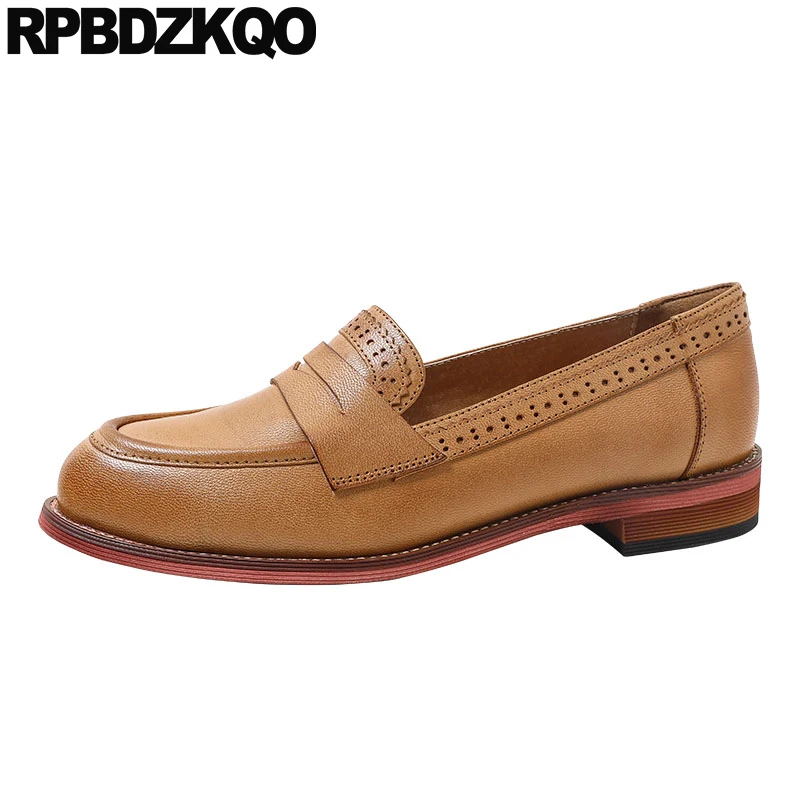 

Custom Italian Flats Brogue Vintage Women Oxfords Shoes 2019 Round Toe Genuine Leather Brown Designer Slip On Loafers Chinese