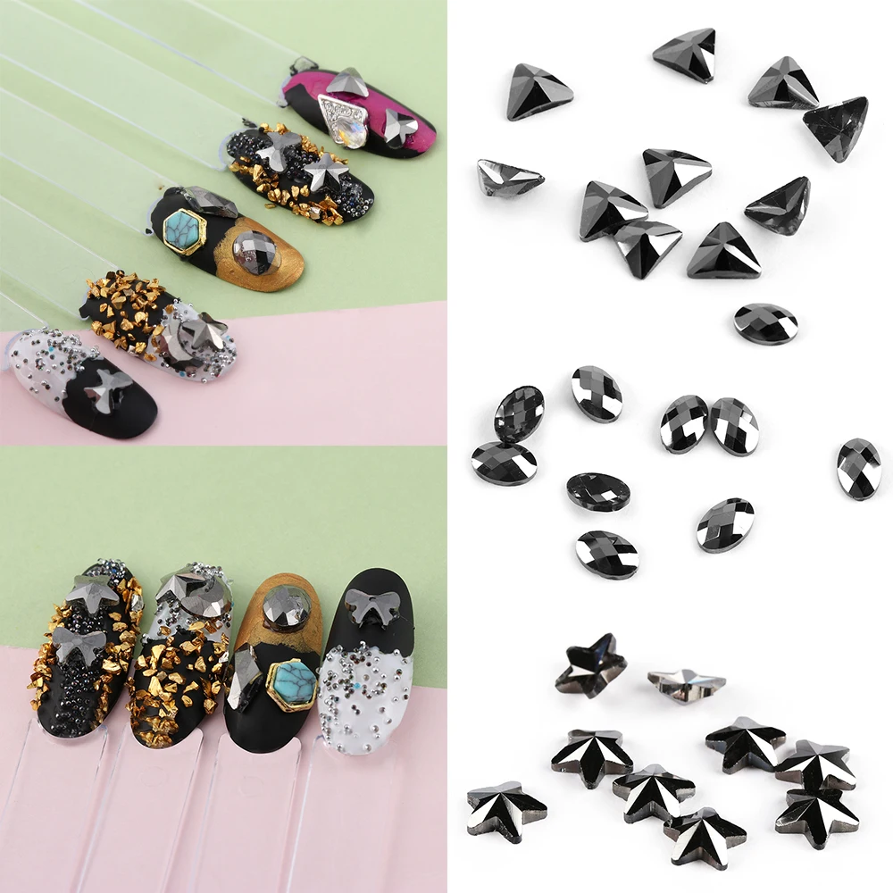 

10pc/pack Star Waterdrop Triangle 3D Charms Black Crystal Nail Art Rhinestone DIY Flat Bottom Manicure Diamond Jewelry for Tips