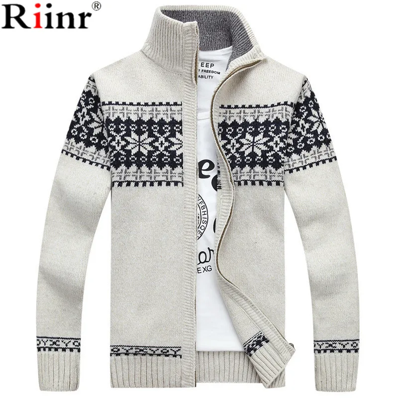 

Riinr 2018 New Arrival Mens Cardigan Winter High Quality Knitting Warm Snowflakes Pattern Stand Collar Zipper Cardigan Masculino