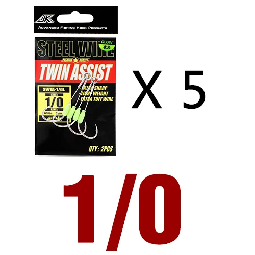 JK 5packs Sea Fishing Hook Steel Wire 7x7 Slow Jigging Size 1/0 2/0 3/0 4/0 5/0 Luminous Double Assist Hook Slow Pitch Tackle 5packs - 1 l 0