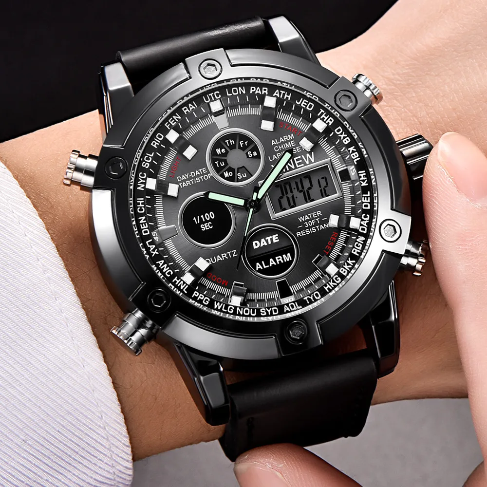 Zerotime#401 Новая мода Dual Movt Мужские кожаные кварцевые аналоговые цифровые светодиодный спортивные наручные часы Роскошные