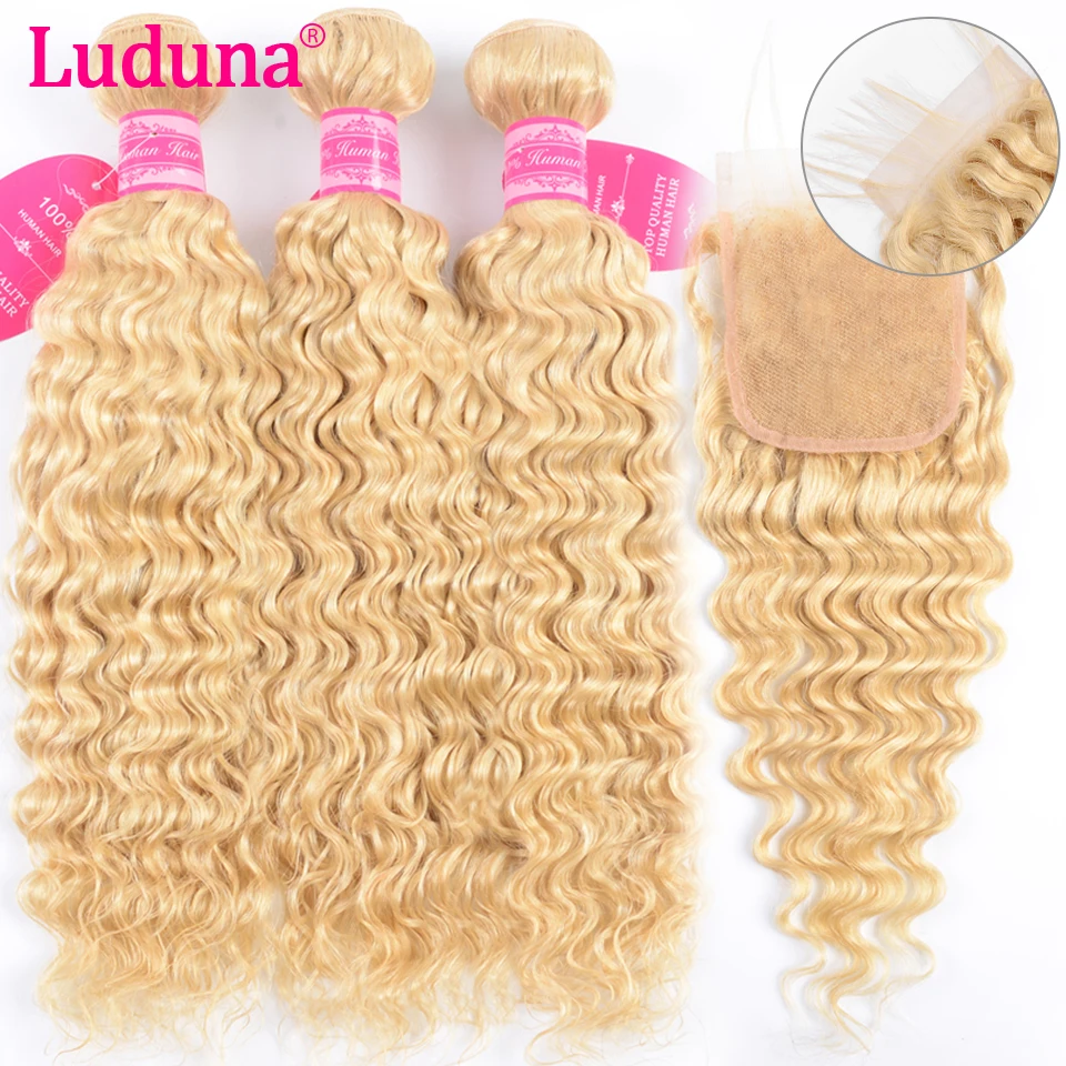 Luduna 613 Blonde Bundles With Lace Closure Deep Wave Brazilian Hair Weave Human Hair 3 Bundles