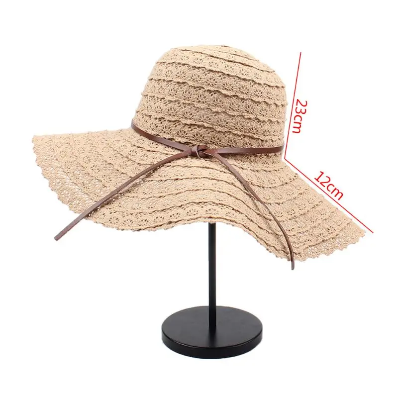 Женская летняя пляжная Складная широкополая пляжная шляпа от солнца с широкими полями, упаковываемая однотонная цветная бант из искусственной кожи, плетеная кружевная Панама