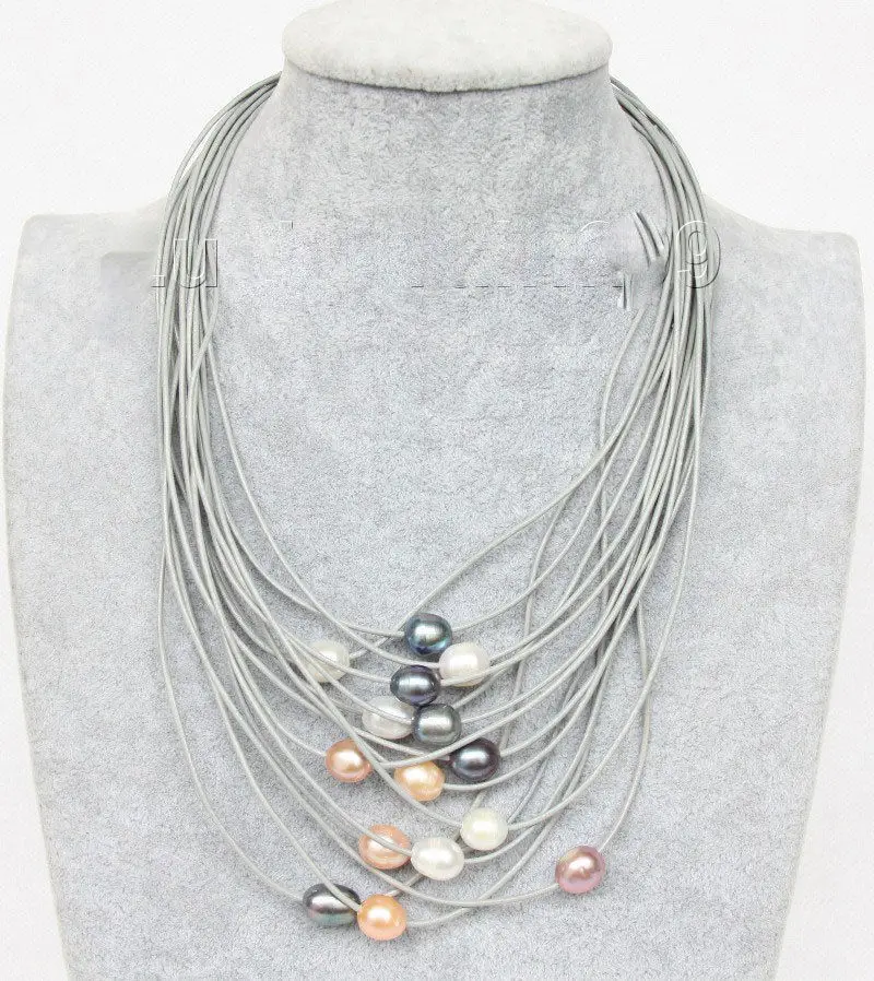 

13mm 15row white pink black purple pearls gray leather necklace 5.27