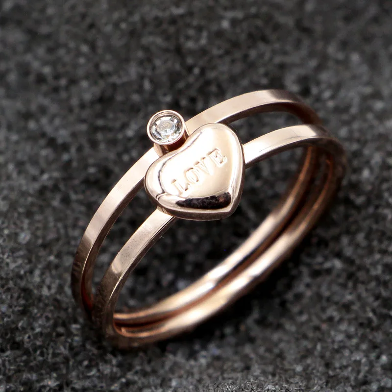 

Martick Personality Woman Double Circle Rings With Heart Design Shining Cubic Rings Rose Gold Color Size 5-9 R114