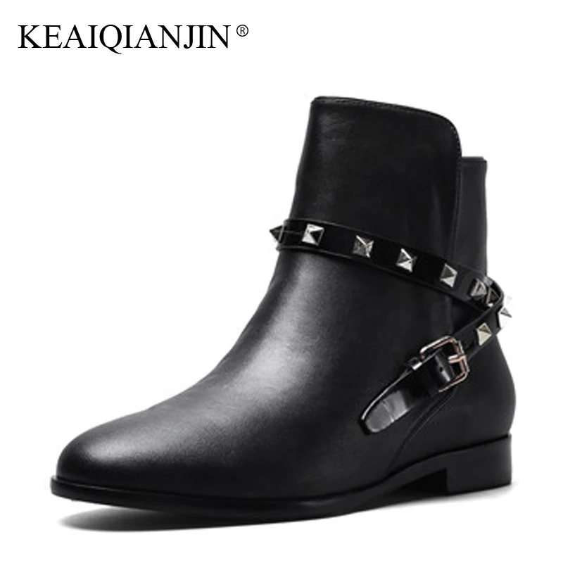 

KEAIQIANJIN Woman Rivet Motorcycle Boots Autumn Winter Buckle Strap Ankle Boots Black Fashion Genuine Leather Martens Boots 2017
