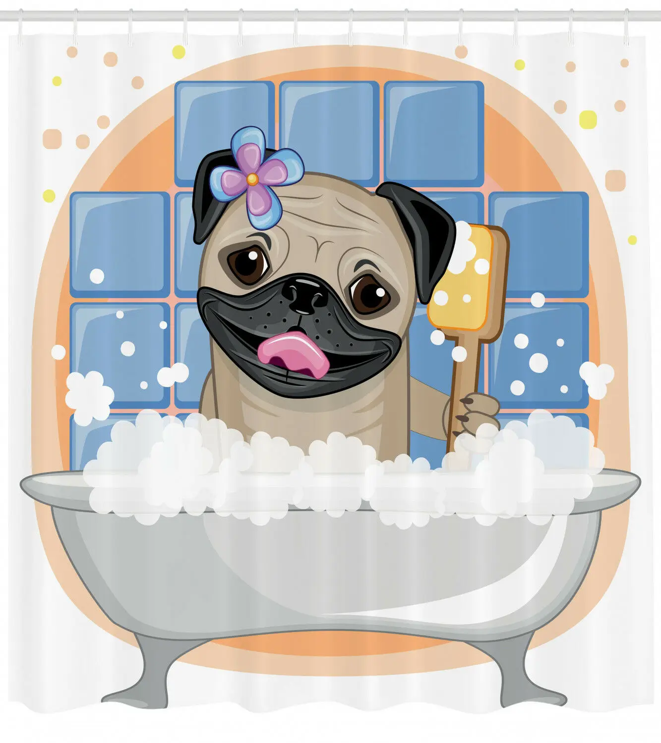 

Pug Shower Curtain Dog Bath Caricature Funny Print for Bathroom