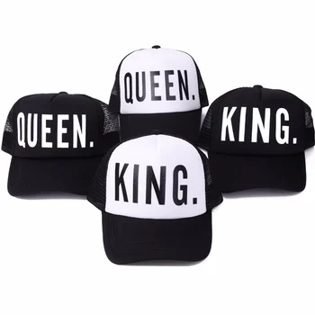 

2017 new KING QUEEN Print Trucker Caps Men Women Polyester Mesh Summer Flat Visor Snapback Hat White Black Couple Gifts