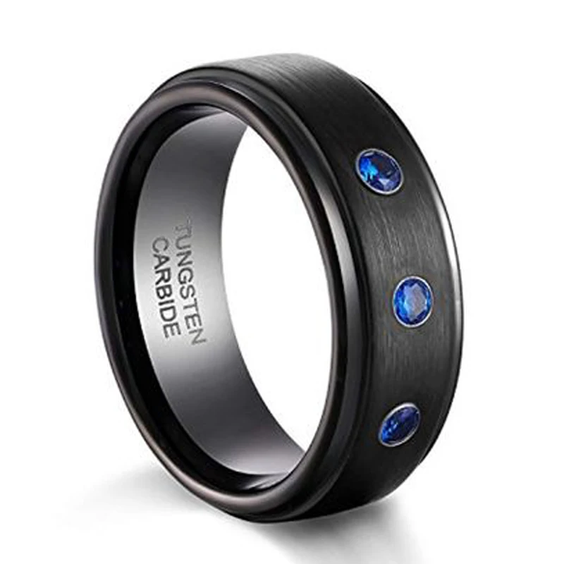 

Customize 50pcs Men's Black Tungsten Carbide Rings 3 Blue CZ inlay 8mm Women Eternity Engagement Wedding Band