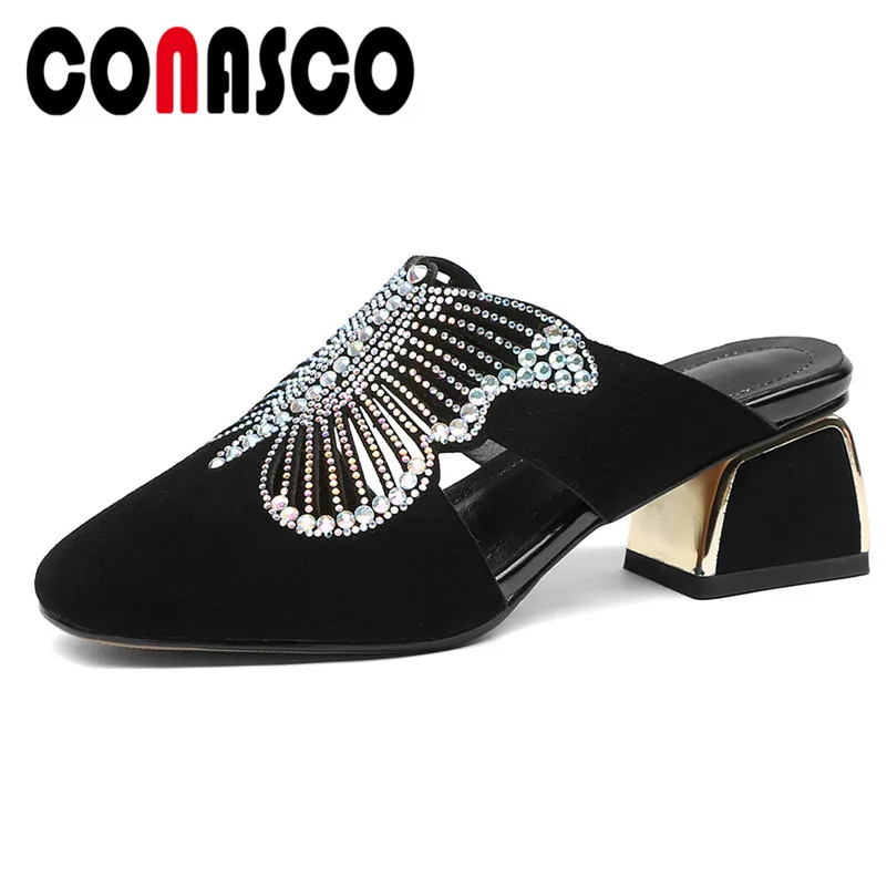 

CONASCO Women Fashion Pumps Quallity Flock High Heels Butterfly Knot Rhinestone Concise Pumps Spring Summer Prom Shoes Woman
