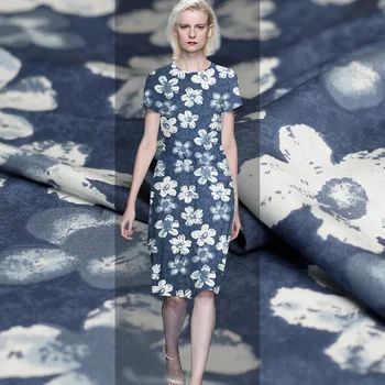 

Pearlsilk 16momme Crepe de Chine Blue Flower Printed 100% Silk Materials Shirt Dress DIY clothes fabrics Freeshipping