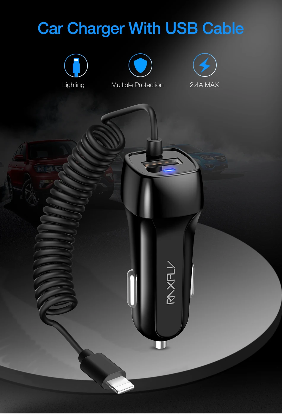 RAXFLY Charger for Cigarette Lighter With Spring USB Cable 10W Car Charger For iPhone Lightning Cables Micor USB Type-C Cable usb charger 12v