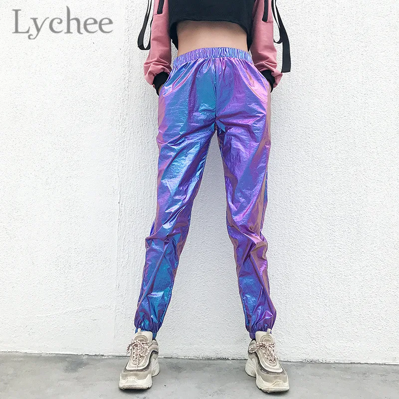 Lychee уличная блестящая Лазерная женские брюки с эластичной талией спортивные женские спортивные штаны для бега