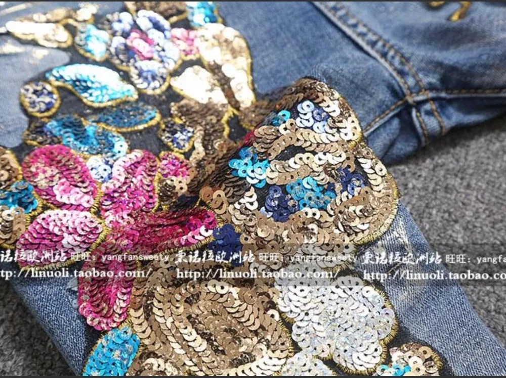 spring autumn new fashion women bronzing sequins flowers worn mid waist skinny pencil jeans plus size 2XL