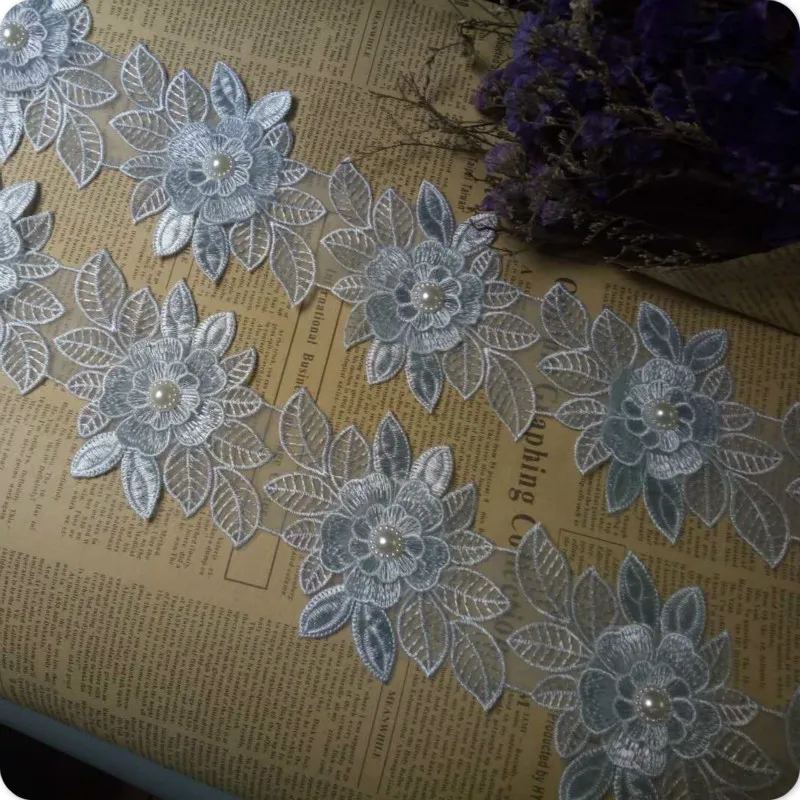 

2 yards Light Blue Pearl Flower Leaf Handmade Beaded Embroidered Lace Edge Trim Ribbon Applique Wedding Dress Sewing Craft DIY