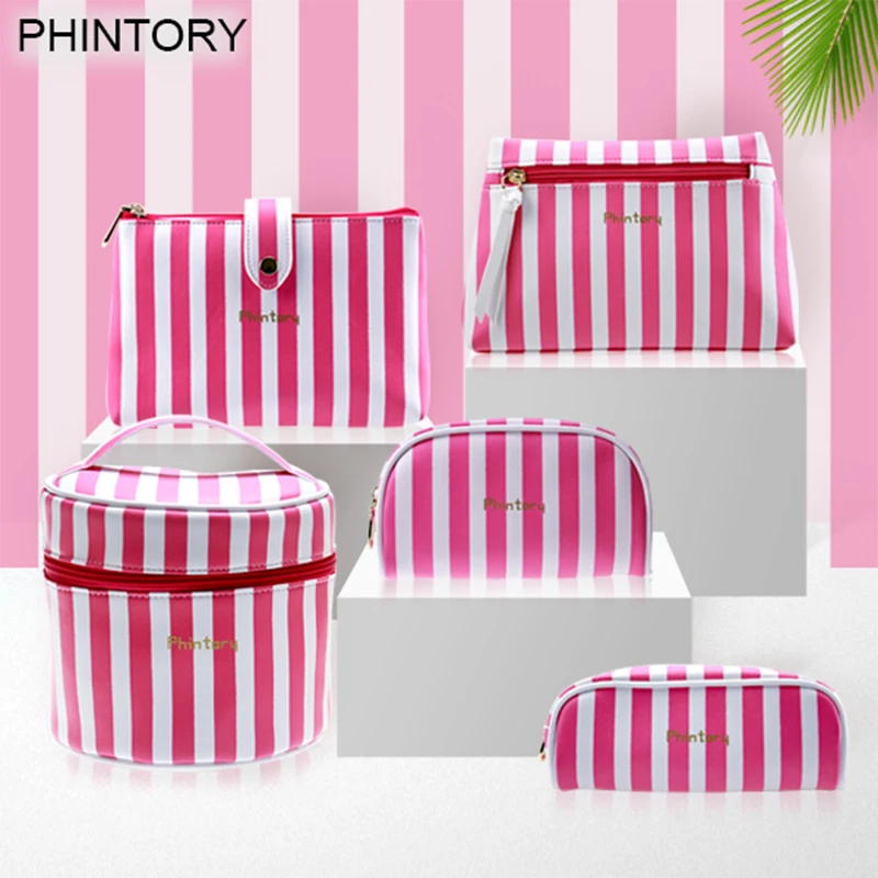 5pcs Cosmetic Bag Set Fashion Pink Striped Waterproof Wash Bags