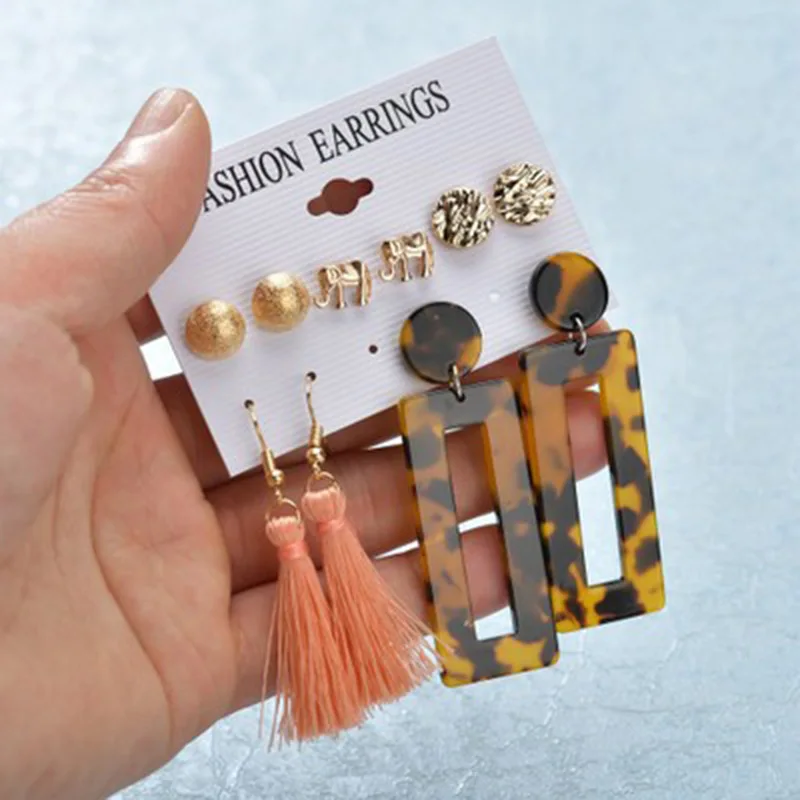 

TJP 1Sets 5pairs Boho Bohemia Boho Elephant Round Ear Studs Ear Nails Tassel Square Woman's Jewelry Earrings Sets