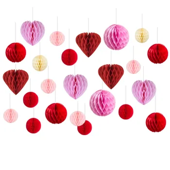 

24pcs Red Pink Wedding Paper Decoration Kit Honeycomb Heart Balls Tissue Paper Balls Hanging Decor for Wedding Valentines Day