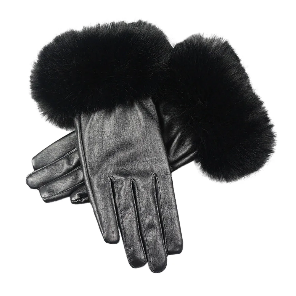 Модные 1 пара женский, черный PU кожаные перчатки осень-зима теплые Сенсорный экран полный палец перчатки варежки o10 oc4