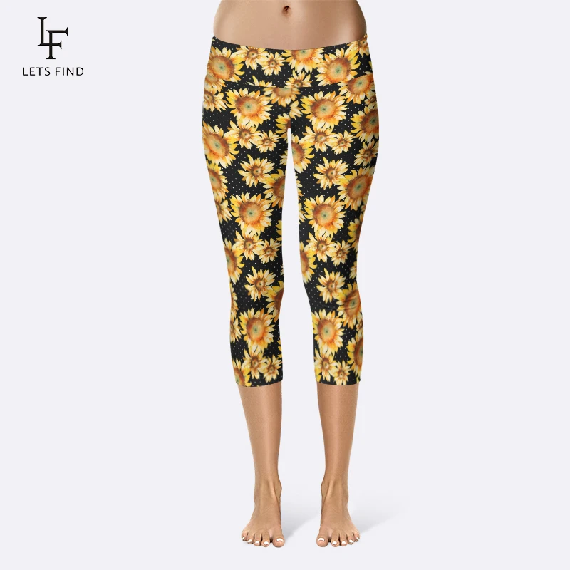 aerie leggings LETSFIND Summer Casual Style High Waist Elastic Capri Leggings New Women Sunflower Printed Mid-Calf Black Leggings thigh highs