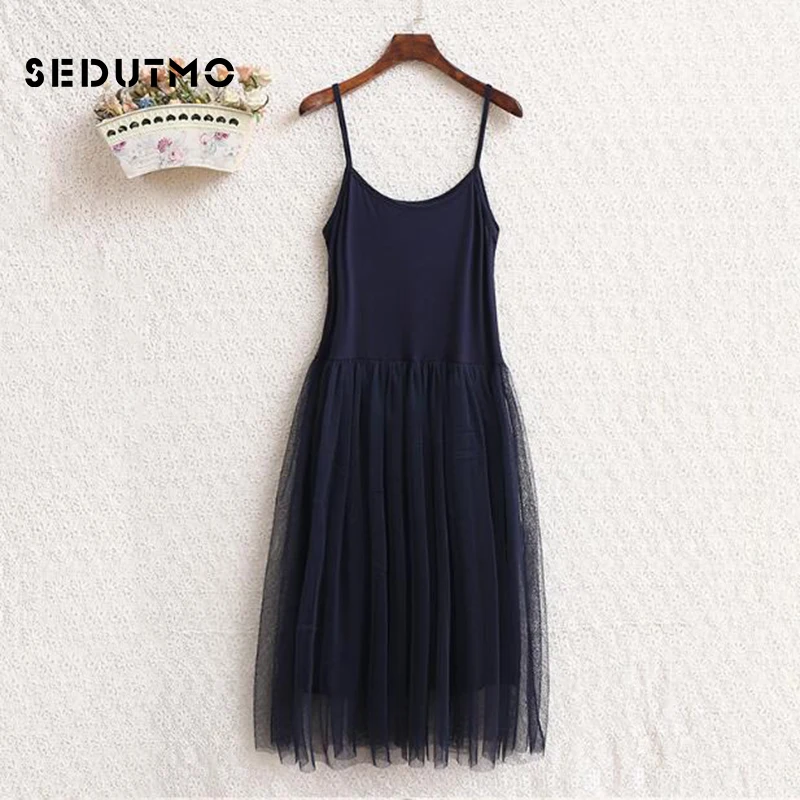 

SEDUTMO Spring Gauze Lace Dress Women Long Tunic Spaghetti Strap Dresses Basic Sundress Summer Modal Mesh Sexy Party Dress ED021