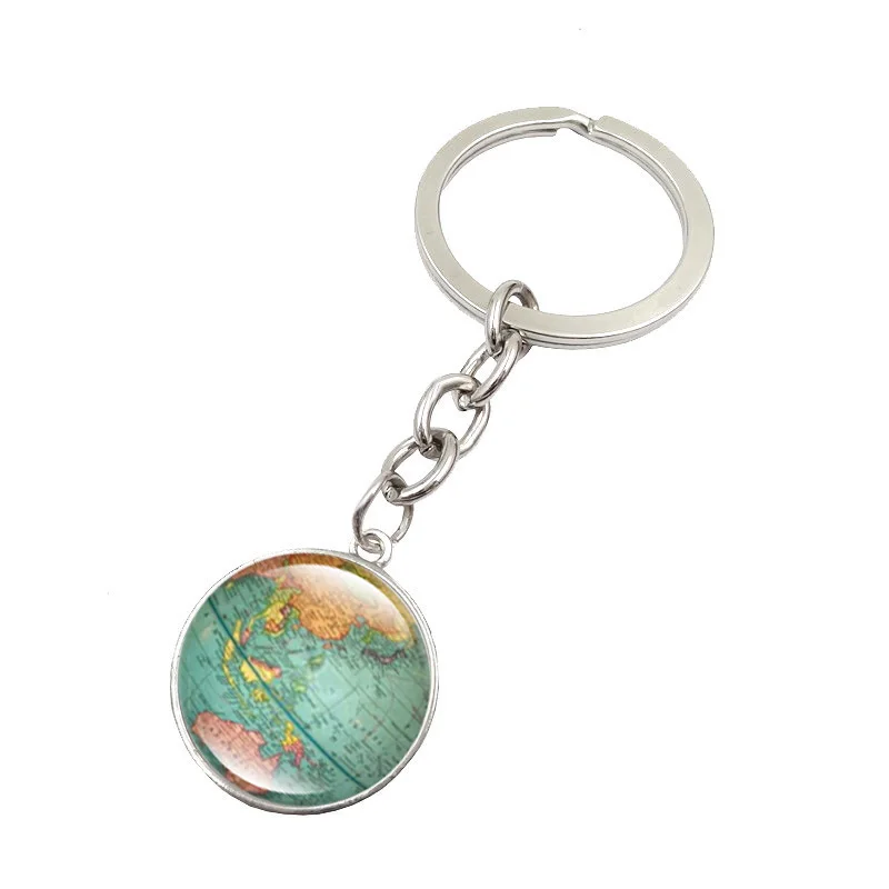 Vintage Globe Map Keychain World Map Art Glass Round Dome Pendant Key