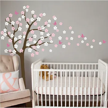 

NEW Huge Tree Blowing Cherry Blossom Wall Decals Nursery Tree Flowers Butterfly Art Home Decor Wall Stickers For Kids Rooms