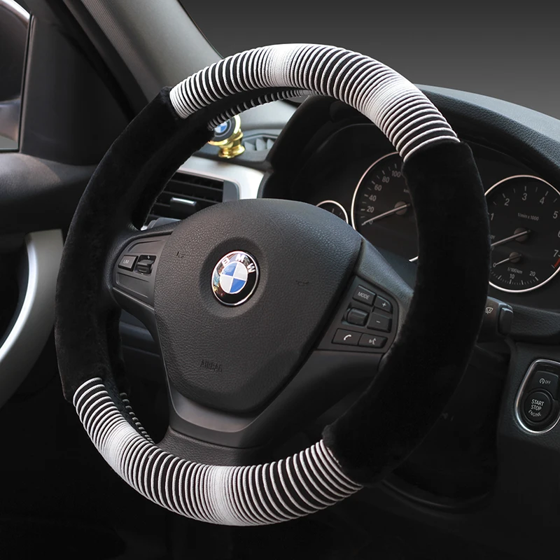 

KKYSYELVA New plush steering wheel cover interior decoration warm anti-skid handlebar set, 4 colors optional