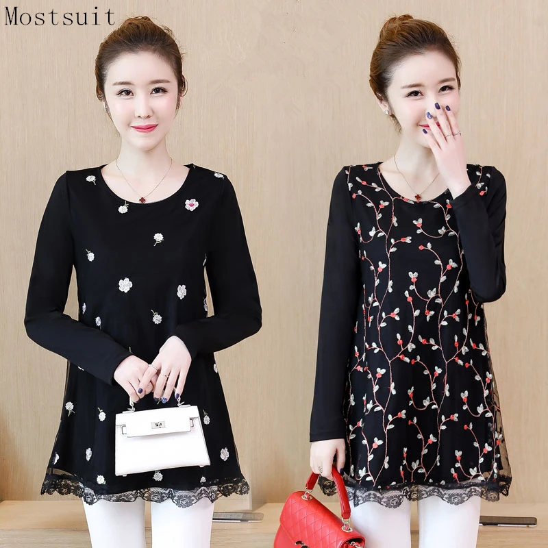 

L-4xl Plus Size Black Lace Blusas Mujer Women Floral Embroidery Lace Patchwork Blouses Long Sleeve O-neck Loose Long Tops Femme