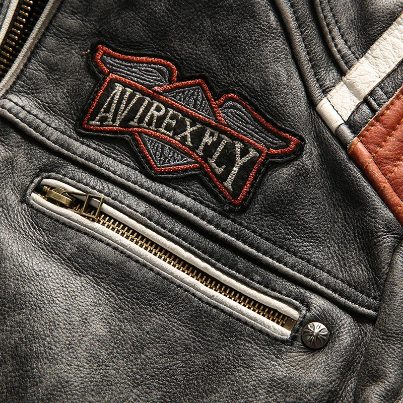 Avirex Fly, Ретро стиль, Череп, натуральная кожа, мотоциклетная куртка, Мужская, приталенная, модная, кожаная куртка, Мужская, черная, мото, байкерская куртка, Мужская
