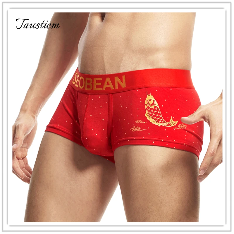 

Taustiem New Festive Red Men Underwear Boxer Trunks Men's Boxers underwear Blessing Bronzing Designed Low Waist Boxers Stretch